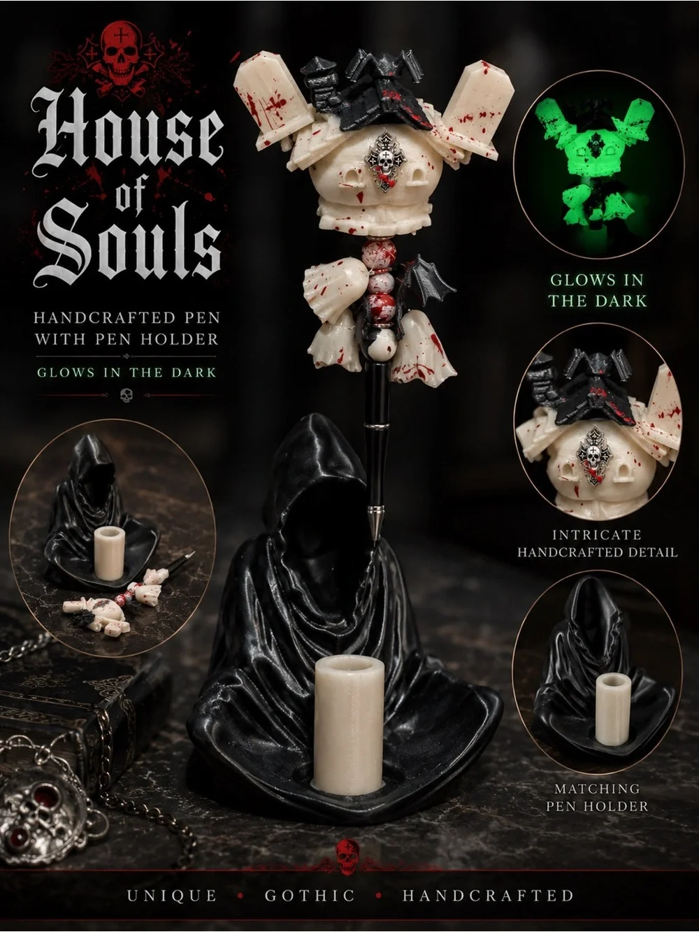 House of Souls handcrafted pen with pen holder. Glows in the dark